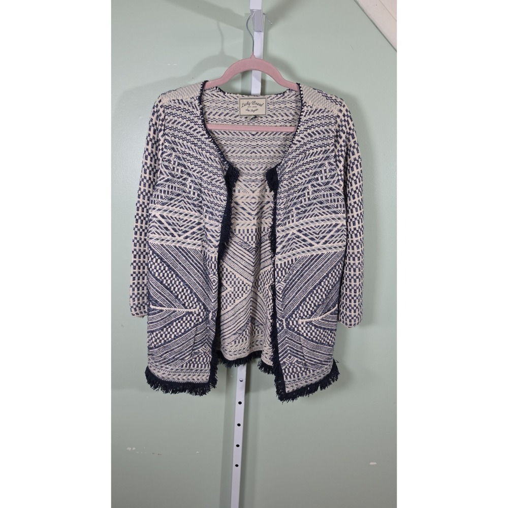 Lucky Brand Southwestern Aztec Blanket Open Cardigan Mid Length Fringe Blue XL